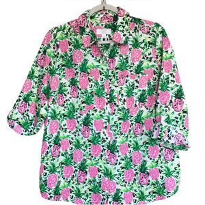 Charter Club Luxury Linen Shirt Women M Button-Up Pineapple Print Beach Tropical